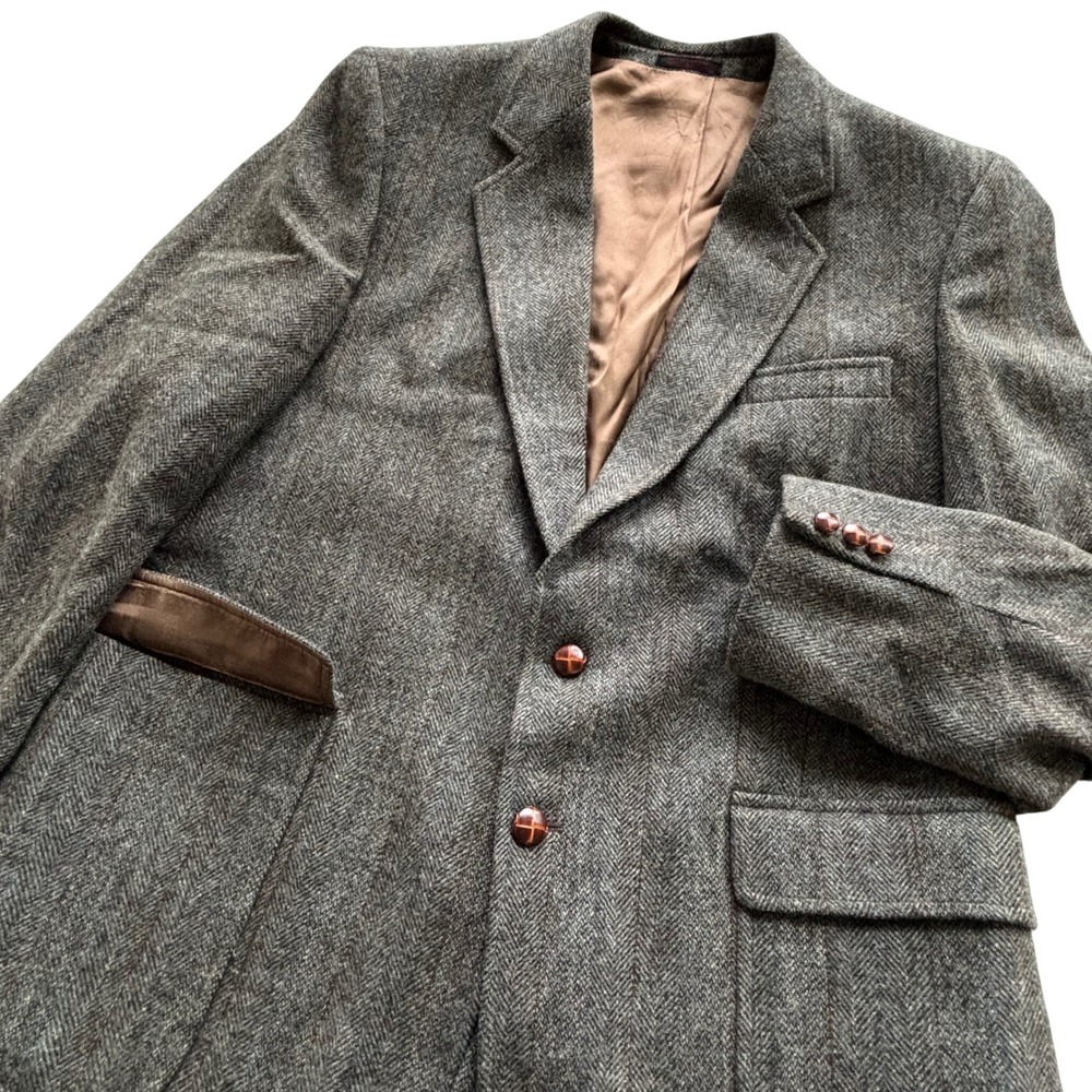 English Manor Tweed Blazer 44R Striped Herringbone Gray Brown Mens Sport Coat
